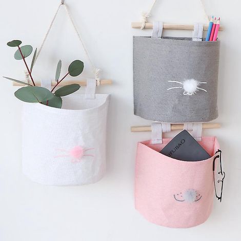 3pcs Sac De Rangement Suspendu En Tissu De Lin Rangement Mural Pour Mur Tenture Murale Poches De Rangement Murales Poche Organisateur Poche Pour (1/5)
