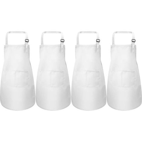 4 Pieces White Kids Apron Set, Adjustable Chef Apron with 2 Pockets for Girls Boys, Toddler Garden Cooking Aprons, Cotton Aprons for Cooking Painting Crafting (7-13 Years) (1/5)