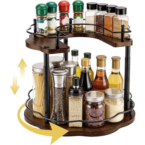 Rangement Tournant Lazy Susan à 2 Niveaux pour Épices Réglable Plateau tournant en bois pour rangement, Armoire de cuisine, placard, stockage d'épices, 30x30x22.3cm