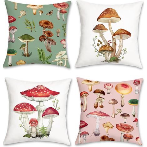 Housses de coussin champignon 45 x 45 cm, housses de coussin décoratives modernes en velours doux vert et rose, pour canapé, lit, maison, jardin, terrasse, lot de 4