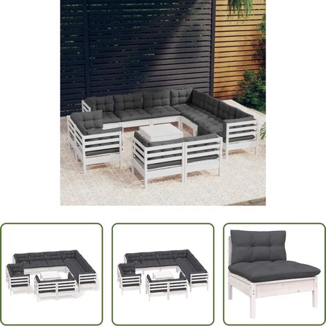 Terrassensofa - 12-tlg. Garten-Lounge-Set mit Kissen Weiß Massivholz Kiefer (1/5)
