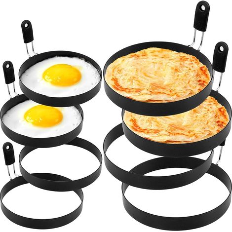 Sollbry 8pcs Moules Œuf au Plat Inox Antiadhésif(15cm et 9cm), Anneau à Œuf avec Poignée Pliable Anti-Brûlure,Cercle Pancake et Omelette pour Petit Déjeuner (1/5)