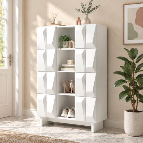 OKWISH Schuhschrank und Vitrine, Weiß, Spanplatte, 4 Türen, 12 Fächer (1/5)
