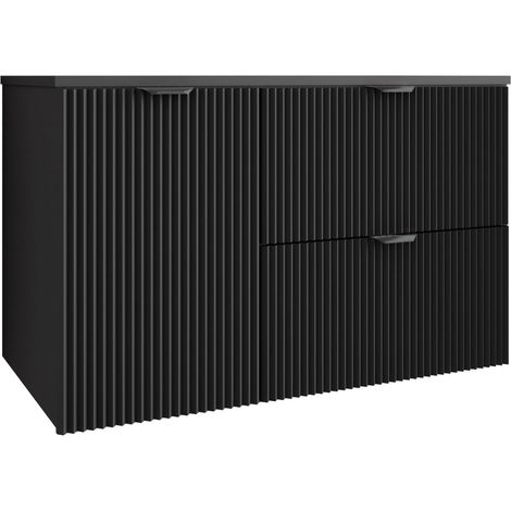 Mobile da bagno con frontale scanalato 100 cm (60+40) con cesto portabiancheria, nero, con maniglia nera, 100 x 47 x 60 cm (1/5)
