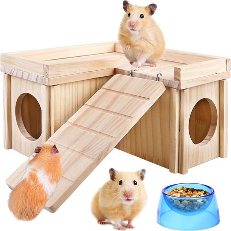 Large Wooden Guinea Pig House with Stairs and Bowl, Platform, Hamster Hideout, Wooden Hamster, Corner House for Small Animals, Mouse (1/5)