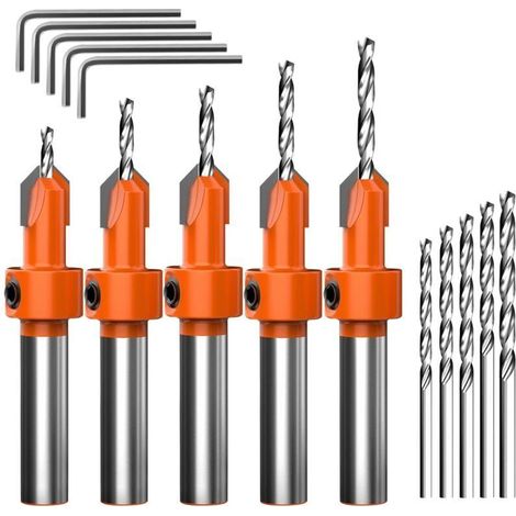 Jeu de 15 Foret Fraise Bois, 5 Forets à Fraiser en HSS Réglables (2.8/3/3.2/3.5/4mm), avec 5 Mèches Remplaçables 5 Clés Hexagonales, Countersink Drill Bit Set pour Chanfreinage et Perçage Précis (1/4)