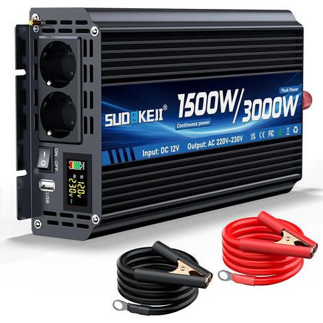 Onduleur 12V 230V 1500W/3000W Convertisseur De Tension Onduleur à Onde Sinusoïdale Modifiée avec 2 Prises Ca Et Port USB Et Type-C pour Voitures, Camping-Cars Et Véhicules (1/5)