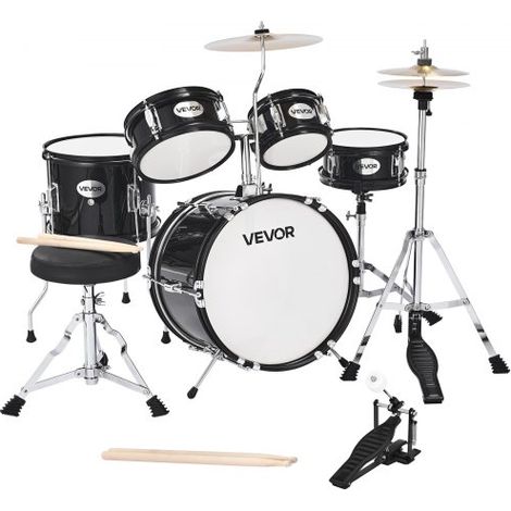 Batería Infantil de 5 Piezas de 14 in / 355,6 mm para Principiantes con Trono Ajustable, Platillo y Dos Pares de Baquetas, Kit de Aprendizaje de Música de Batería para Niños de 6 a 13 Años, Negro (1/5)