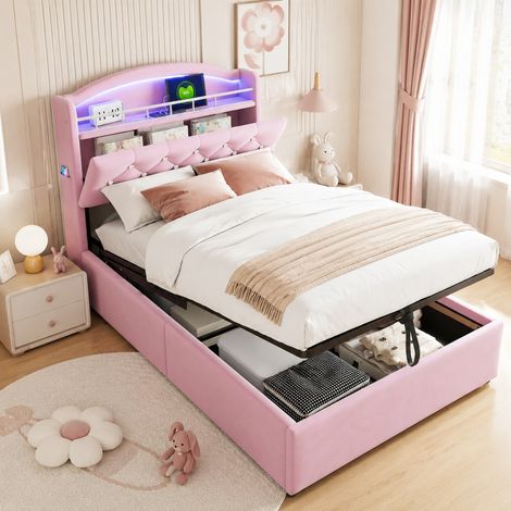 Cama infantil 90x200 cm con almacenaje, LED y USB rosa FloraGrace (1/5)