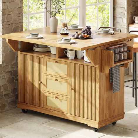 Desserte de cuisine pliante 142,5x80x95 cm avec rangement, tiroirs aspect rotin, MDF coloris bois naturel (1/5)