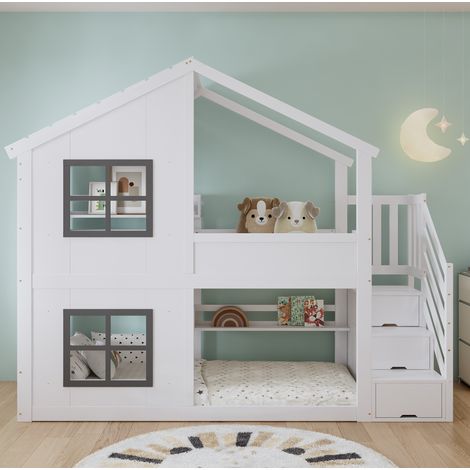 Litera infantil 90 x 200 cm con escalera de almacenaje, techo y ventanas, blanca y gris DESVIAE (1/5)