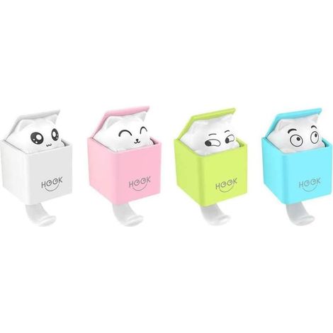 Lot de 4 Animal Crochet Adhésif, Créative Chat Déco Enfant Plastique Crochets Porte Serviette Mur, 2kg(max) pour Salon, Salle de Bains, Cuisine, Clés, Sacs, Chapeaux (Rose, Vert, Blanc, Blu) (1/5)
