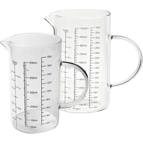 Medidor De Vidrio Borosilicato - 500 Ml Y 1000 Ml - Graduaciones Ml Oz Tazas - Para Cocina Y Repostería - Pack De 2 (1/5)