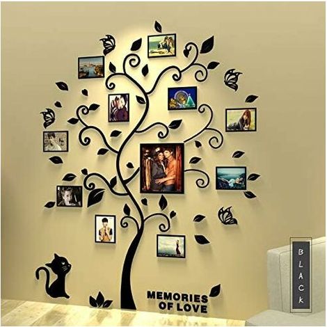Photo Stickers Autocollants Muraux Amovibles 3D Acrylique Arbre avec des Branches Incurvées et des Cadres de Photo(Feulles noires) (1/5)