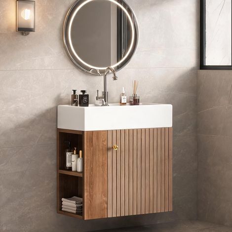 Meuble sous vasque suspendu 55 cm en bois massif et mélamine (1/5)