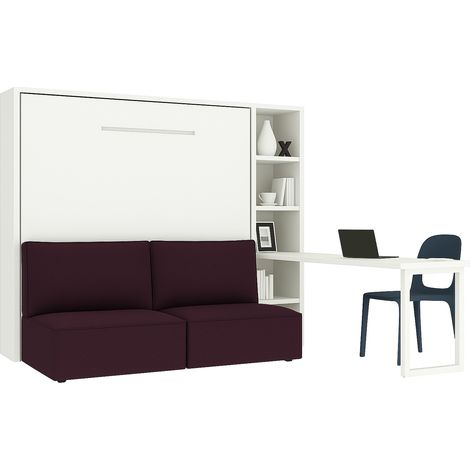 Lit escamotable horizontal LOGIA lit+canapé+étagère+bureau Violet-160x200-Canapé Violet-Structure Blanche-Version lit+canapé+étagère+bureau (1/5)