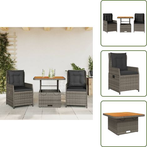 3-tlg. Bistro-Set mit Kissen Grau Poly Rattan - Gartentisch - Esszimmergarnitur - Outdoor Möbel - Lounge Set - Gartenlounge