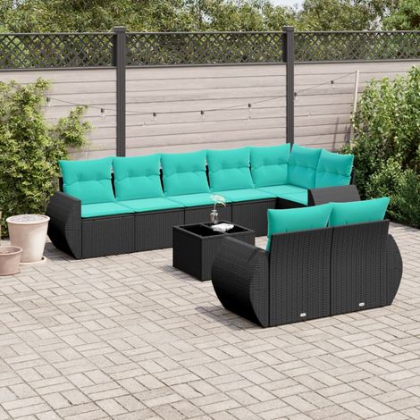 9-teiliges Gartensofa-Set mit Kissen, schwarzes Polyrattan (1/5)