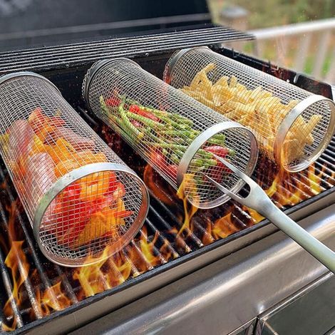 Rollbarer BBQ-Korb, BBQ-Grillkorb, Edelstahl-Grillkorb, BBQ-Zubehör BBQ-Korb, BBQ-Korb für gegrilltes Gemüse, Fisch (20 x (1/4)