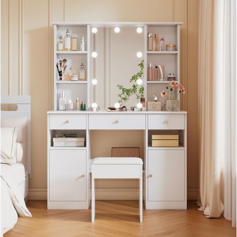 Schminktisch 110x40x151 cm Weiß aus Spanplatte mit Spiegel, LED-Beleuchtung, Hocker und Stauraum (1/5)