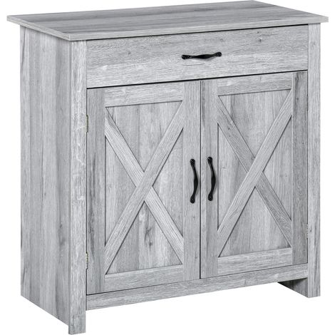 HOMCOM Sideboard-Aufbewahrungsmöbel, Wohnzimmerschrank mit 2 Scheunentüren, Schublade und verstellbarem Einlegeboden, für Esszimmer oder Küche, 80 x 39,7 x 80 cm, hellgraue Holzoptik