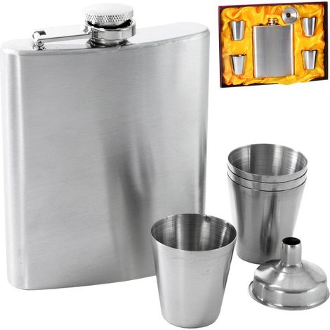 Edelstahl-Hüftflasche mit Trichter und Gläsern, 6-teilig. (1/4)