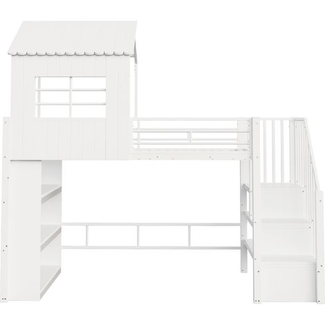 Hochbett 90x200 cm mit Treppe und Stauraum, Weiß, Metall MDF (1/5)