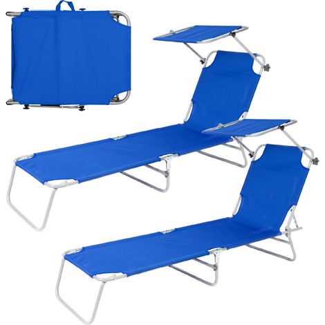 Coppia Lettini Prendisole Pieghevoli con Parasole Regolabile, Schienale Reclinabile in 4 Posizioni, Struttura in Acciaio Anti-Ruggine, Tessuto Impermeabile Anti-UV, Portata 110 kg Blu (1/4)