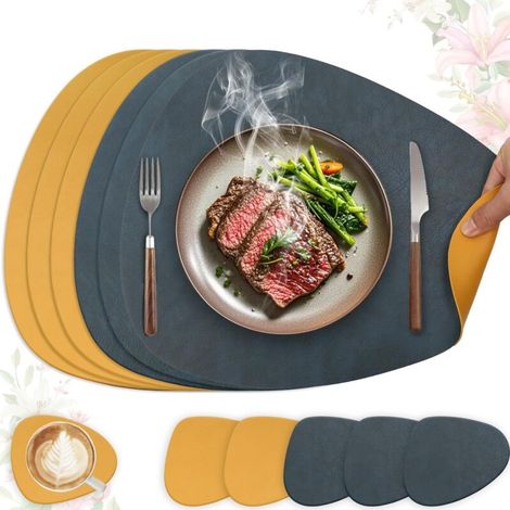 Set de Table Lavable et Antidérapant en Cuir PU Double Face – Lot de 6 Pièces Ovales 41 x 33 cm pour Cuisine, Salle à Manger ou Cadeau (Bleu et Jaune) (1/5)