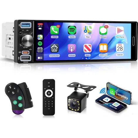1 Din Car Radio with CarPlay Android Car Wireless 6.5 Inch Touch Screen with Bluetooth 5.2, AM/FM/RDS Radio, EQ, Mirror Link, SWC, USB/Type-C+ Reverse Camera (1/5)