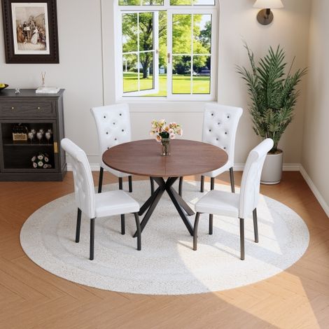 Ensemble de salle à manger avec table ronde extensible en bois et 4 chaises blanches, ensemble de cuisine gain de place en similicuir capitonné et pieds en métal pour salle à manger et cuisine
