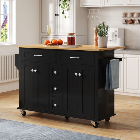 Carro de cocina 140x40(65)x89 cm negro/natural con encimera abatible y gran almacenaje (1/5)