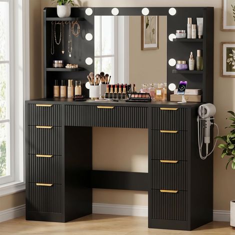 Coiffeuse Moderne avec éclairage et Prise, Grand Miroir, 9 tiroirs, Support pour sèche-Cheveux, Table de Maquillage pour Chambre à Coucher, Noire (1/5)
