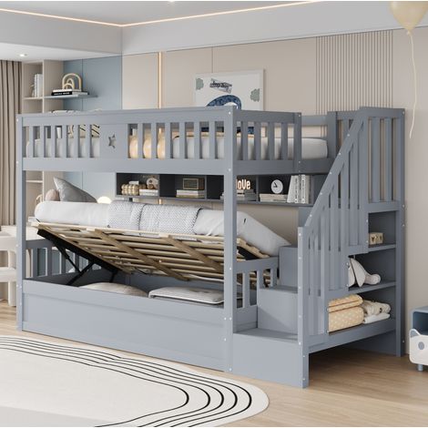 Cama alta 90x200 cm, con gran almacenaje, escalera con estantes, madera gris (1/5)