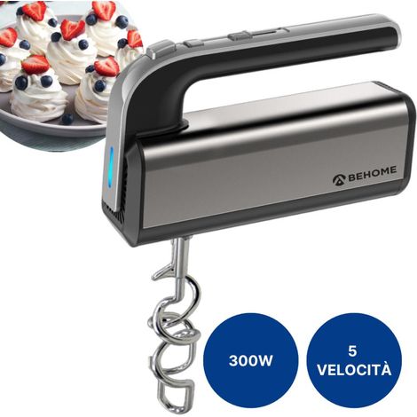 Sbattitore Elettrico Mixer 5 Velocità 300W Turbo con Luce Led Colore Argento e Nero con 2 Fruste per Impasti Morbidi e 2 Ganci per Impasti Duri (1/5)