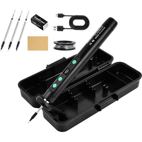 Kit de soldador inalámbrico, temperatura ajustable de 180 ℃ a 450 ℃, soldador recargable por USB-C, kit de soldadura con accesorios para reparación electrónica y placas de circuitos impresos. (1/5)