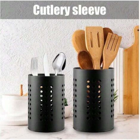 QORVA-Support à ustensiles de cuisine, lot de 2 supports à couverts en acier inoxydable, panier à couverts pour organiser les ustensiles de cuisine, les couverts, les casseroles, le rangement, noir