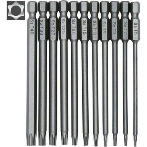 Jeu de 11 embouts longs Torx pour tournevis et visseuse électrique - Embouts magnétiques - Tige hexagonale de 1/4" - Tailles T6 à T40 - Longueur 100 mm (1/4)