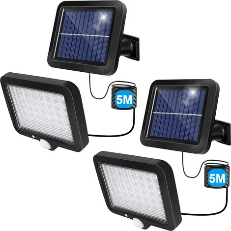 Vtizikl Lampe Solaire Exterieur (2Pack IP65-2000Mah) Lumière Solaire Extérieure avec Détecteur de Mouvement 56 LED, Avec Câble de 5 m, Adapté à une Utilisation en Extérieur et dans le Jardin [Classe é (1/5)