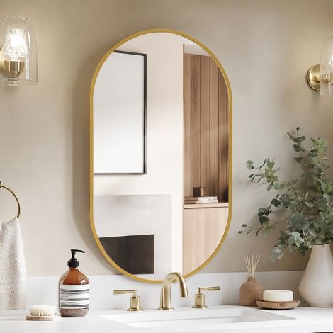 Miroir Ovale Mural 75x50 cm Cadre en Alliage d'Aluminium - Miroir de Salle de Bain de Piste en Verre Trempé Anti-Éclatement HD pour Entrée Chambre - Doré (1/5)