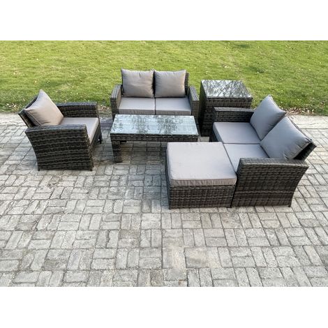 Fimous 6pcs Rattan Outdoor Garden Furniture Sofa Set with Coffee Table Big Footstool Side Table Dark Grey Mixed (1/5)
