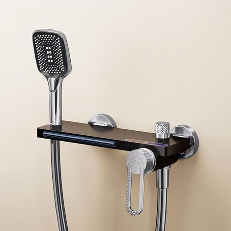 1 robinet de baignoire, cascade murale, laiton, chrome et noir, douche à main, salle de bain (1/5)