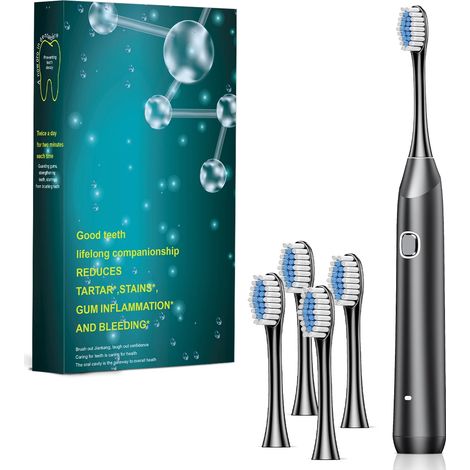 Brosse à dents électrique sonique pour adultes, rechargeable (noire, avec 4 têtes de rechange). (1/5)