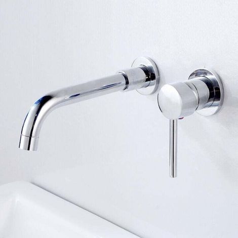 Robinet de lavabo mural, robinet mural en laiton de haute qualité, robinet de salle de bain encastré, robinet d'eau chaude et froide, rotation à 360°, argenté. (1/4)