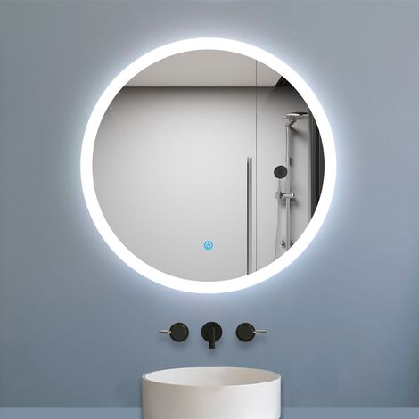 Aica Miroir LED rond de 60cm, dimmable + mémoire + antibuée, avec interrupteur tactile, 6000k blanc froid