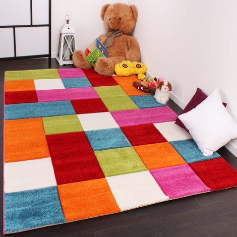 Paco Home Tappeto Per Bambini A Quadri Multicolore Verde Rosso Blu Arancione Fuchsia Ø 120 cm tondo