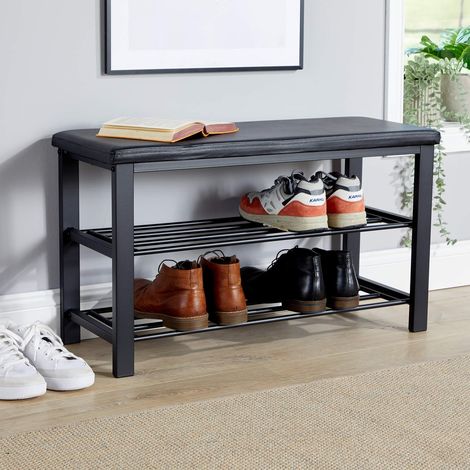 Black Metal Shoe Bench with Storage Shelf with Hallway Seating And Two Shelves (1/5)
