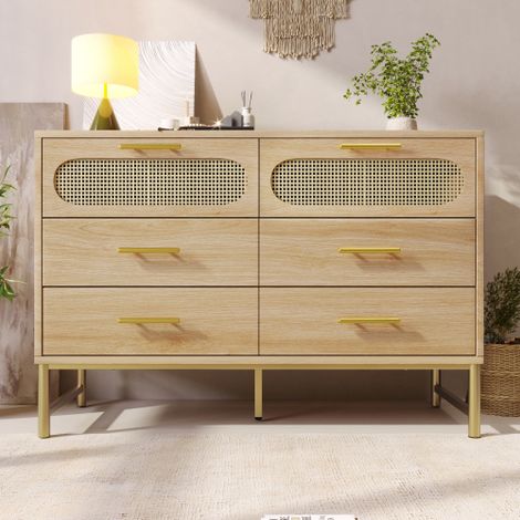 Buffet en rotin avec 3 tiroirs et 2 portes en rotin, commode, coiffeuse, pour chambre et salon, étagères réglables, dispositif anti-basculement,  chêne Sonoma