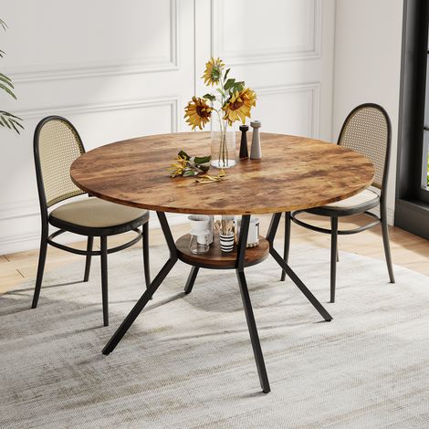 Table à manger ronde style industriel 120cm, plateau MDF veiné tigre clair, pieds métalliques stables avec étagère de rangement, capacité 4 à 6 personnes, facile d'entretien anti-taches (1/5)