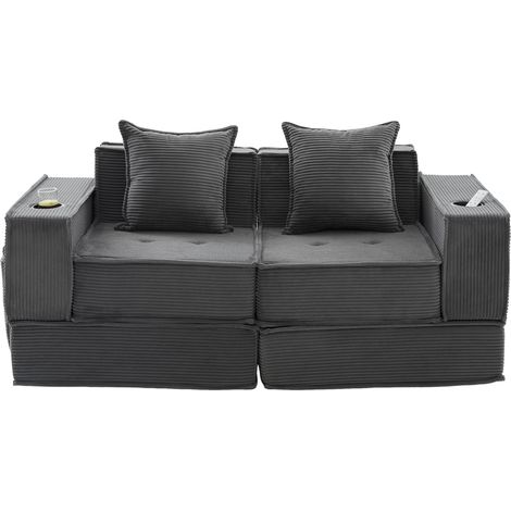 Pouf-sofa modulable en velours côtelé gris foncé avec 2 coussins, poches latérales et assise confortable 150 kg, pour coin lecture et détente CHICFURN (1/5)